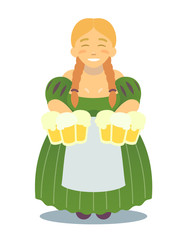 logo - cute blonde girl in traditional dress with beer mugs. Oktoberfest or St.Patrick 's Day. Tavern, pub, bar, festival. flat design