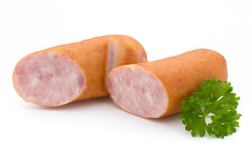 Sausage and spices isolated on white background, fresh delicious frankfurter.