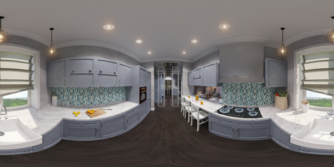 3d illustration of the kitchen interior design in Scandinavian classical style. Visualization performed, 360 degree spherical seamless panorama for virtual reality.