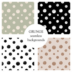Set of seamless vector patterns. Geometric polka backgrounds with circles. Grunge texture with attrition, cracks and ambrosia. Old style vintage design. Graphic illustration.