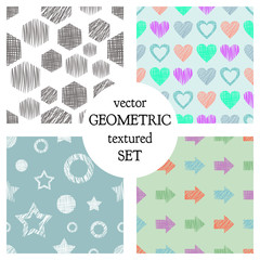 Set of seamless vector geometrical patterns with different geometric figures, forms. pastel endless background with hand drawn textured geometric figures. Graphic vector illustration - 145642220