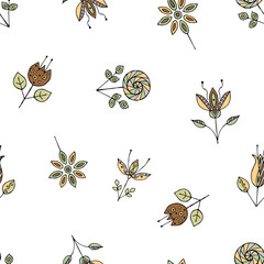 Vector seamless hand drawn pattern, decorative stylized childish flowers Doodle style, graphic illustration Ornamental cute hand drawing in brown colors Series of doodle, cartoon, sketch illustrations