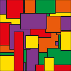 Abstract background in solid colors of yellow, purple, red, orange and green with black outline