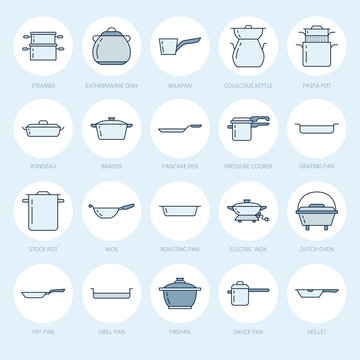 Pot, pan and steamer flat line icons. Restaurant professional equipment signs. Kitchen utensil - wok, saucepan, eathernware dish. Thin linear blue colored signs for commercial cooking store.