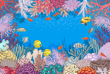 Naklejka premium Underwater Background with Corals and Fishes