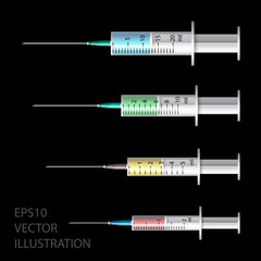 Medical syringe. Set of disposable plastic syringes of different sizes for subcutaneous and intramuscular injections. Vector .