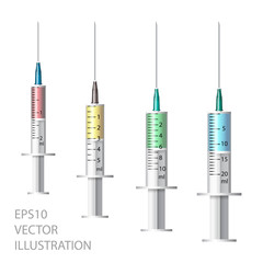 Medical syringe. Set of disposable plastic syringes of different sizes for subcutaneous and intramuscular injections. Vector .