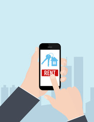 Hand holding smartphone with rent apartments, homes mobile application on screen. Vector illustration.