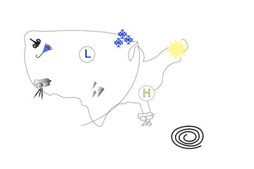 Map of the United States of America with weather icons and forecast.