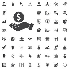 Pictograph of money in hand. Vector icon