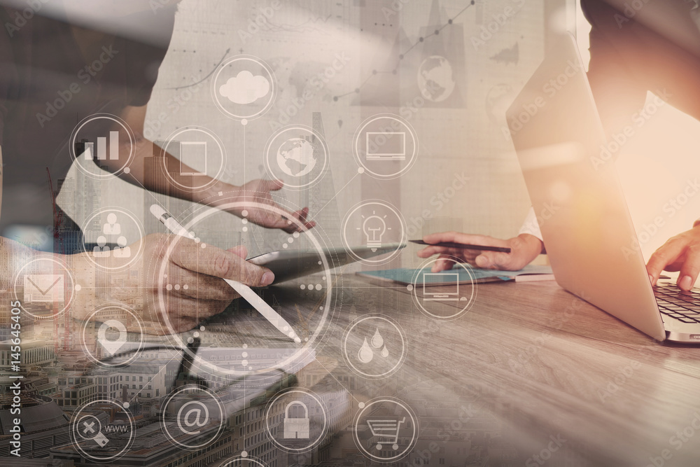Aufkleber co working team meeting concept,businessman using smart phone and laptop and digital tablet computer in modern office with virtual interface icons network diagram