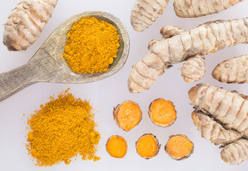 Roots and turmeric powder (Curcuma longa)