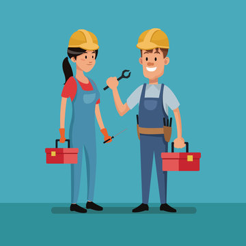 couple worker construction tools clothes labor day vector illustration