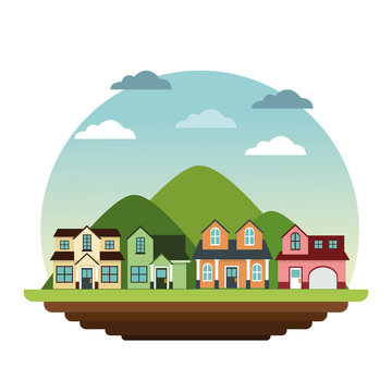Suburban Houses Neighborhood Mountain Landscape Design Vector Illustration