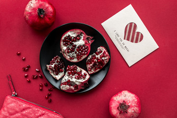 red set with pomegranate for restaurant menu top view