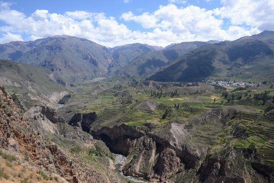 View point  high above the stunning Colca Canyon and surrounding farm land and terraces in south central Peru. 