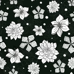 Möbelaufkleber Vector tropical black and white flowers seamless repeat pattern background design. Great for summer party invitations, fabric, wallpaper, giftwrap paper. © Oksancia