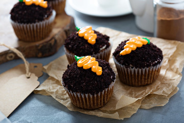 Carrot cupcakes with chocolate crumbs and frosting