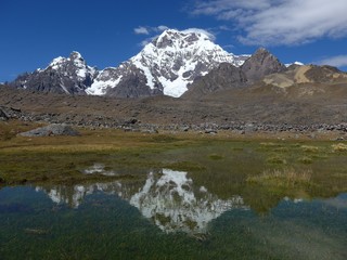 Ausangate reflecting in a shallow pool high in the Andes of Peru.