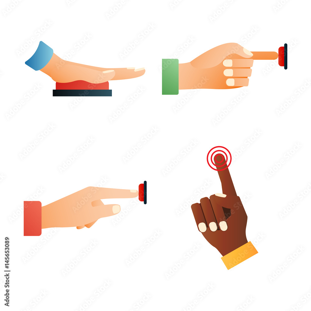 Poster hand press red button finger press control push pointer gesture human body part vector illustration.