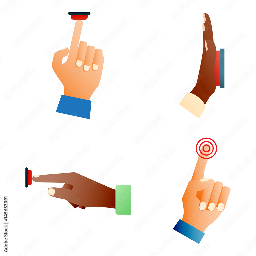 Aufkleber hand press red button finger press control push pointer gesture human body part vector illustration.