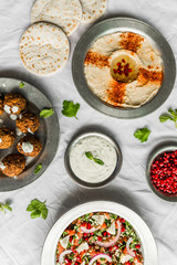 Selection of traditional Arab and Jewish food, selective focus. Healthy food, fitness, and sport diet concept.