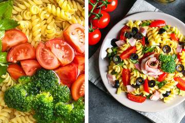 Raw ingredient and ready italian pasta salad