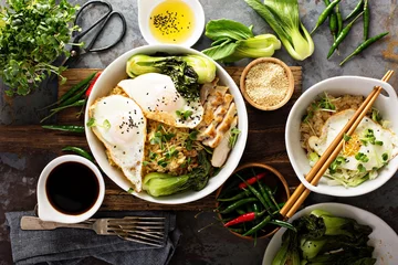 Tuinposter Gerechten Asian food concept with fried rice, baby bok choy