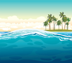 Fototapeta na wymiar Waves on a sea and coconut island.