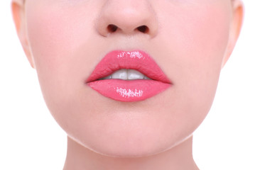 Face of beautiful young woman on white background, closeup