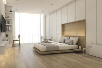 3d rendering wood minimal style bedroom with view from window