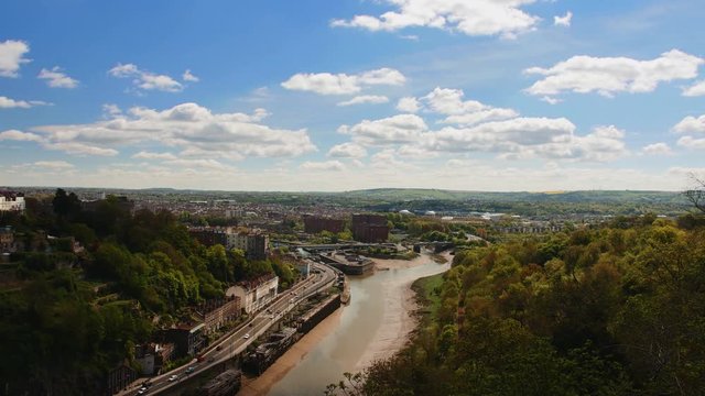 Bristol (UK) Time Lapse of Cloudscape over City & Avon River Landscape Aerial