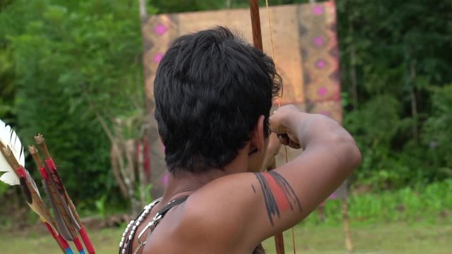Indigenous man of Tupi Guarani Tribe with Bow & Arrow, in Brazil