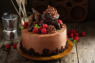 Chocolate cake with ganache frosting and raspberry