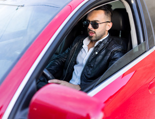 Young confident man with a sport car