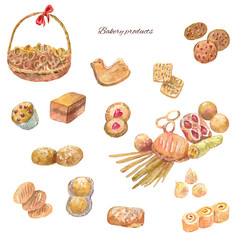 Watercolor bakery products. Set of sweet cakes, cookie, bread and other.