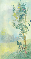 Oil landscape in restrained tones. A lonely tree in a clearing. Overcast rainy cold weather. Etude of artist.