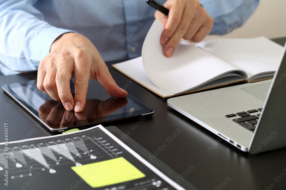 Poster close up of businessman working with smart phone and digital tablet and laptop computer on wooden de