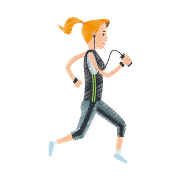 girl running with phone and headphones icon image vector illustration design 