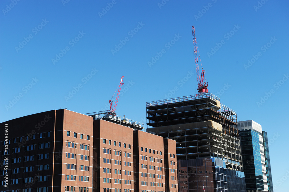 Poster building construction in Boston downtown in sunny day