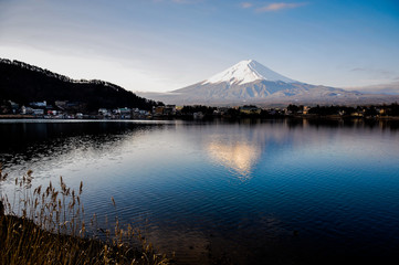 Mt Fuji in the early morning with reflection on the lake kawaguchiko