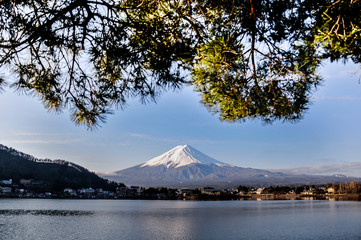 Mt Fuji in the early morning with reflection on the lake kawaguchiko