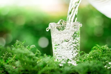 Poster een glas koel zoet water op natuurlijke groene achtergrond © Cozine