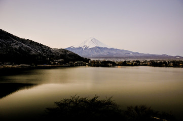 Mt Fuji in the early morning with reflection on the lake kawaguchiko