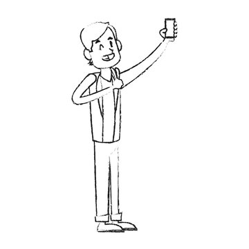 man posing for picture phone icon image vector illustration design 