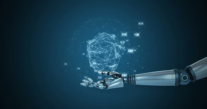 Robotic hand presenting polygon structure against blue background