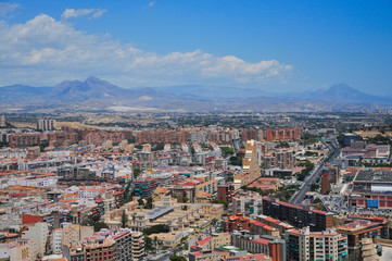 Panoramic view of Alicante city from the watchtower Santa Barbara castle. Valencia province, Spain.