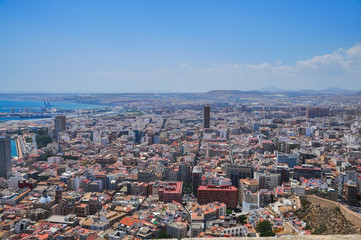 Panoramic view of Alicante city from the watchtower Santa Barbara castle. Valencia province, Spain.