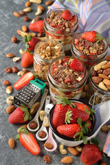 Dessert with muesli and strawberries