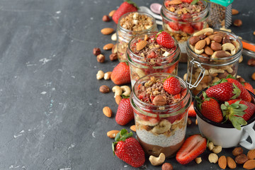 Dietary dessert with chia seeds, muesli and strawberries